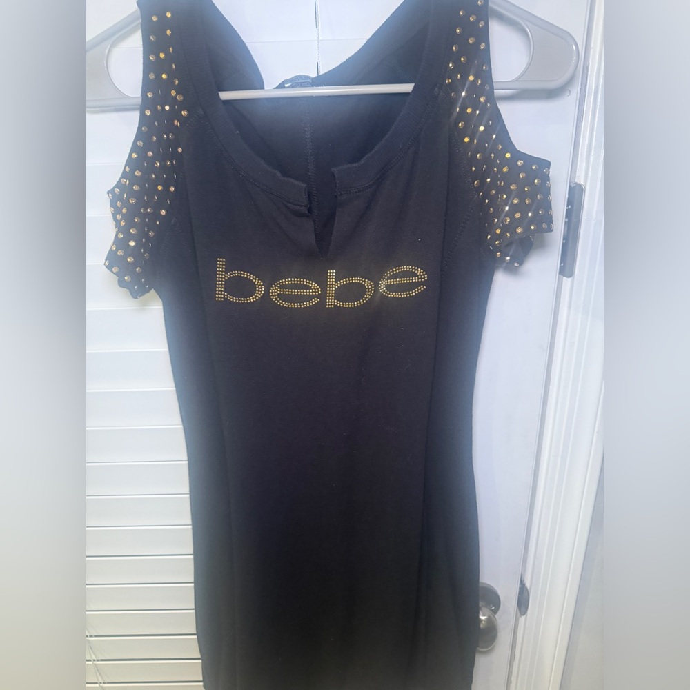 Bebe Black Midi Dress with Gold Accents